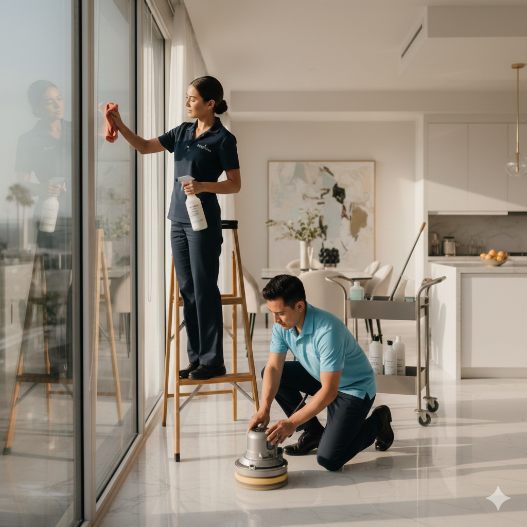 Professional move-out cleaning team in light blue uniforms cleaning a luxury Los Angeles apartment.