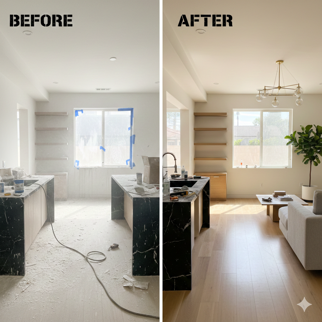 Before and after post-construction cleaning service in a Los Angeles modern kitchen, removing drywall dust and debris by Lito Cleaning.